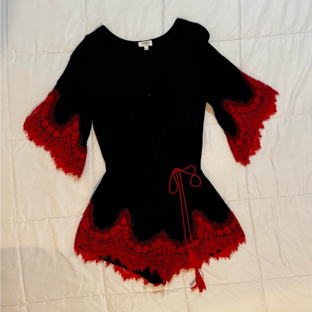 Umgee Black and Red Lace Trim Romper Spanish style